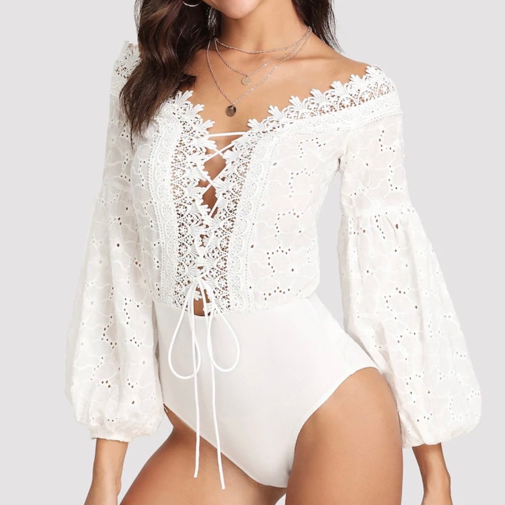 *SOLD* Lace Trim Plunging Eyelet Embroidered